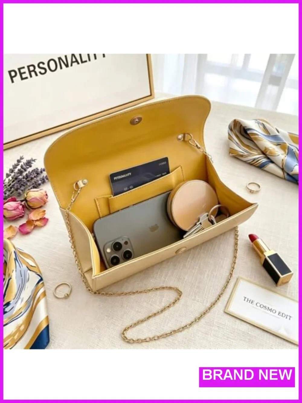 Women Vegan Leather Evening Clutch Purse - Detachable Chain, Magnetic Closure,